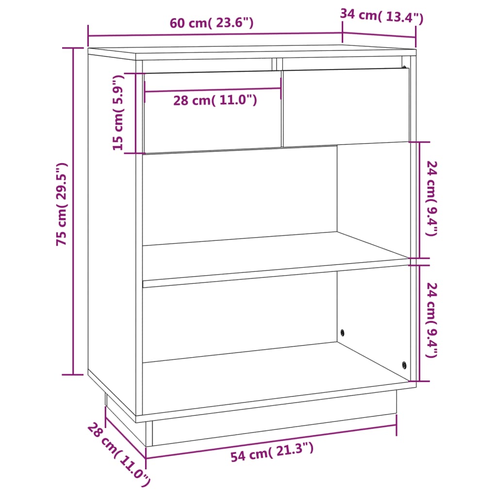 vidaXL Beistellschrank Schwarz 60x34x75 cm Massivholz Kiefer