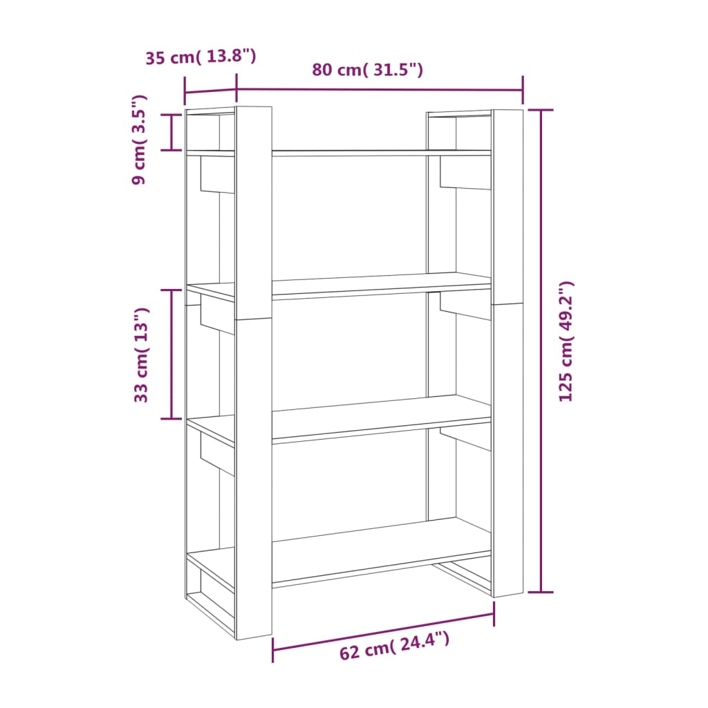 vidaXL Bücherregal/Raumteiler Schwarz 80x35x125 cm Massivholz Kiefer