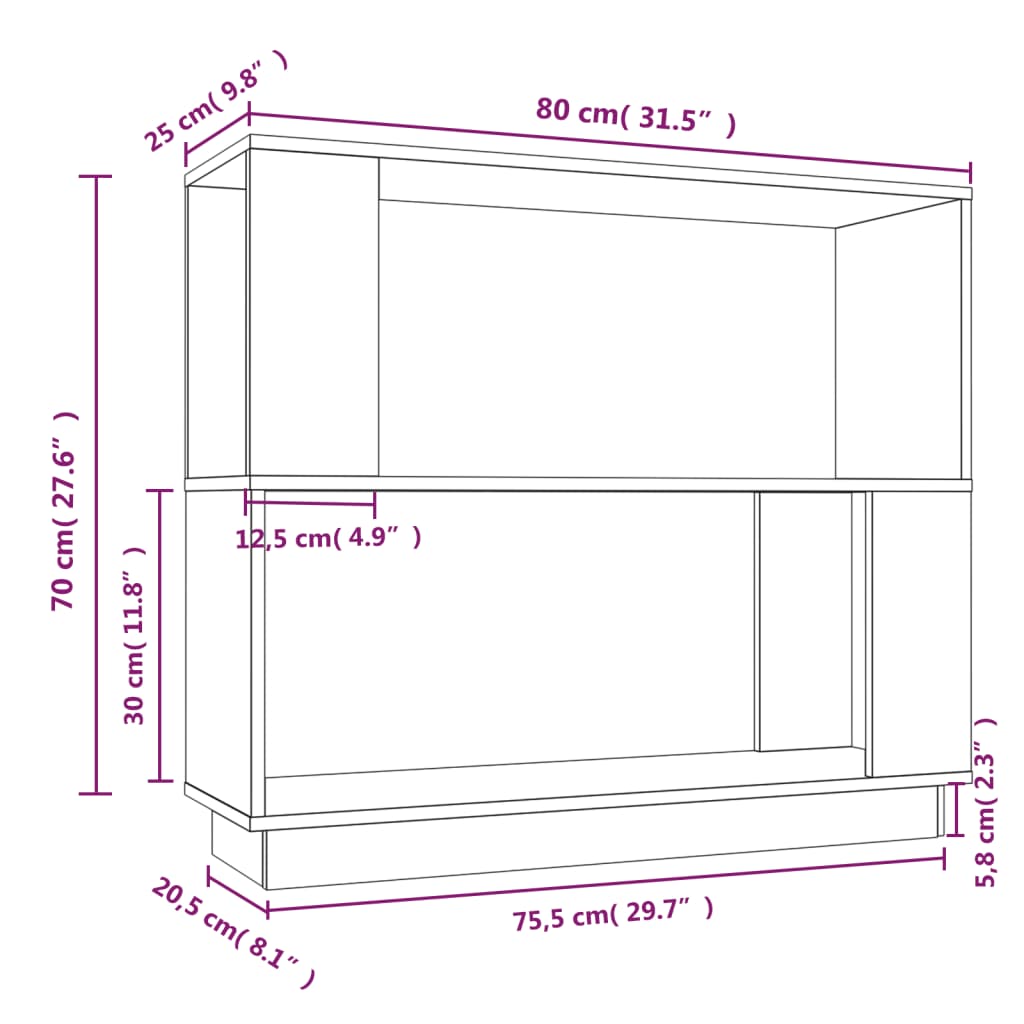 vidaXL Bücherregal/Raumteiler Weiß 80x25x70 cm Massivholz Kiefer