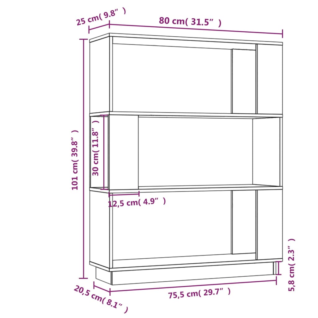 vidaXL Bücherregal/Raumteiler Schwarz 80x25x101 cm Massivholz Kiefer