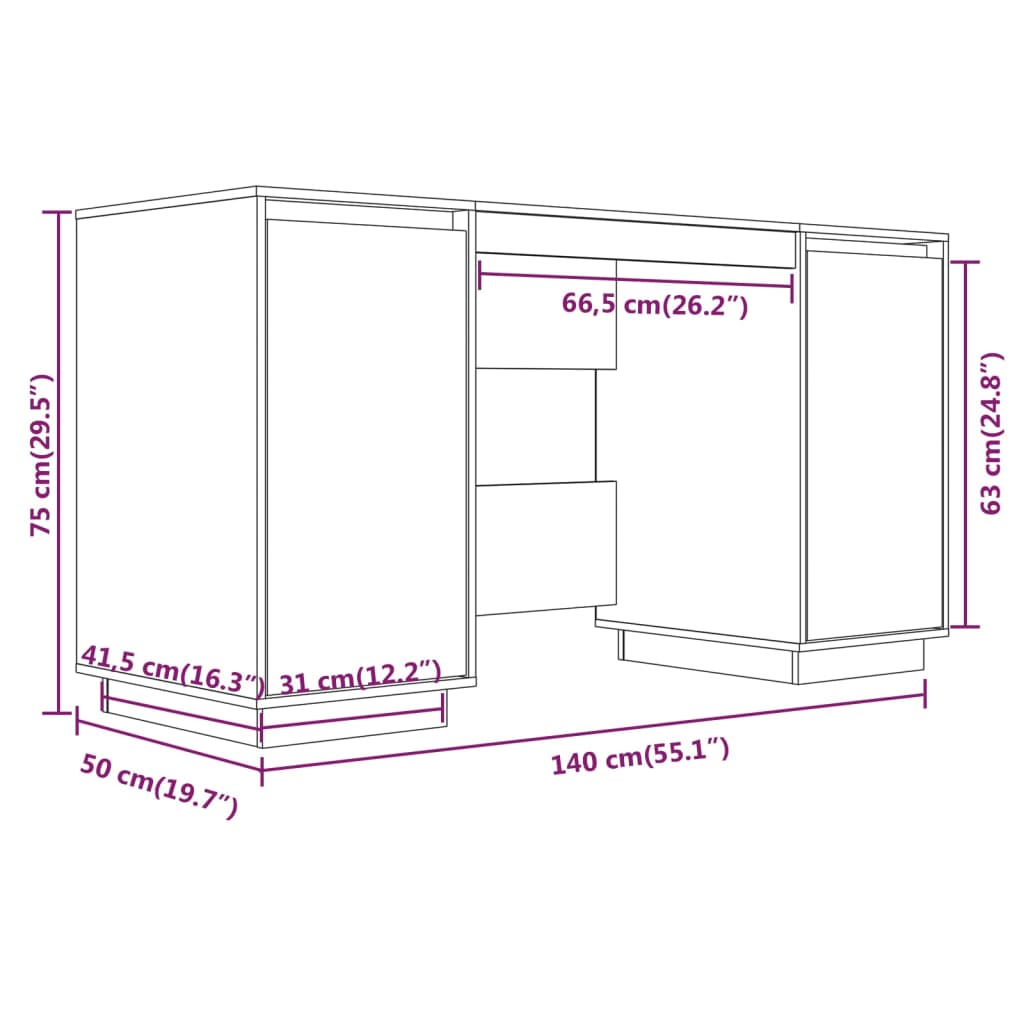 vidaXL Bureau blanc 140x50x75 cm Bois de pin massif