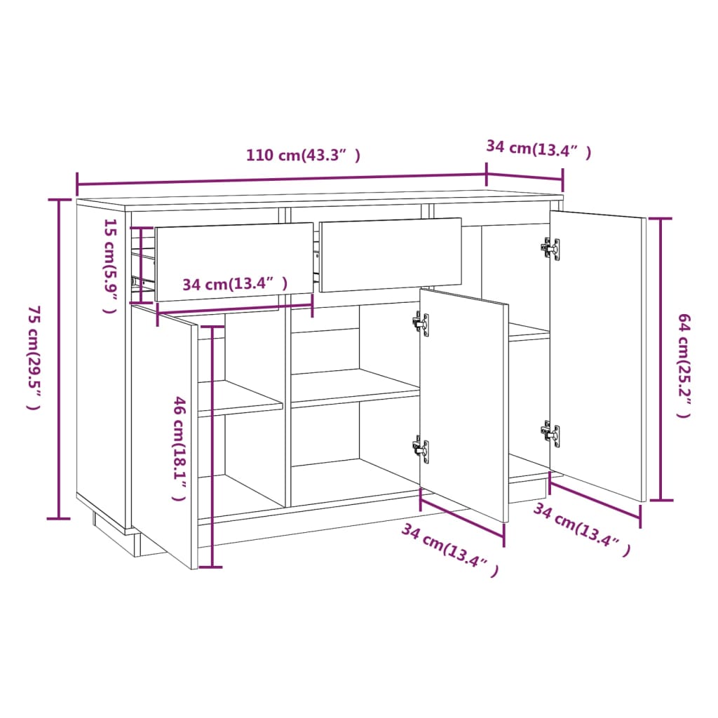 vidaXL Sideboard 110x34x75 cm Massivholz Kiefer