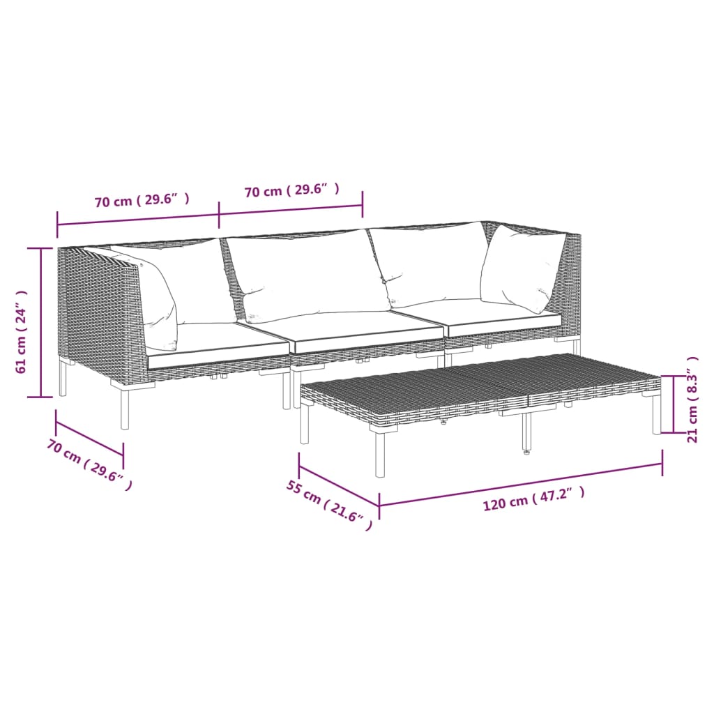 vidaXL 4-tlg. Garten-Lounge-Set mit Kissen Poly Rattan Dunkelgrau