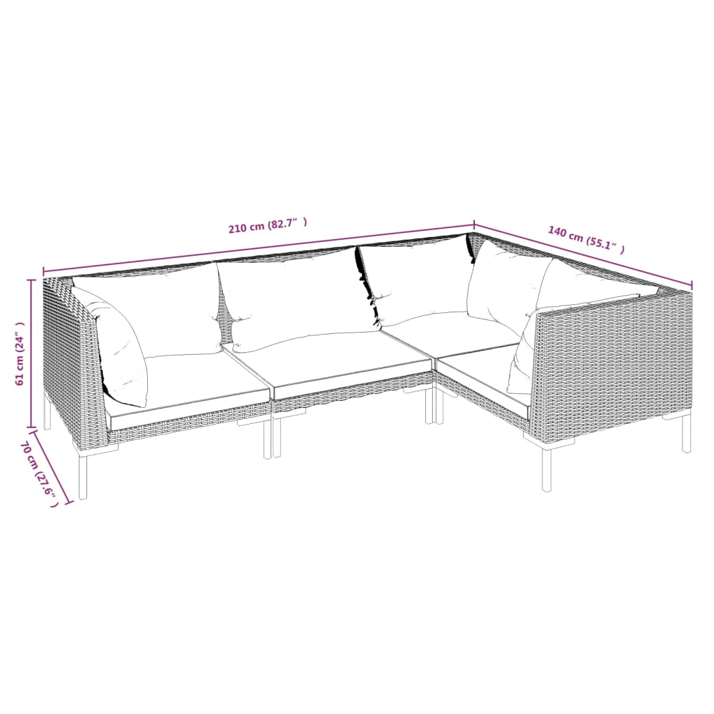 vidaXL 4-tlg. Garten-Lounge-Set mit Kissen Poly Rattan Dunkelgrau