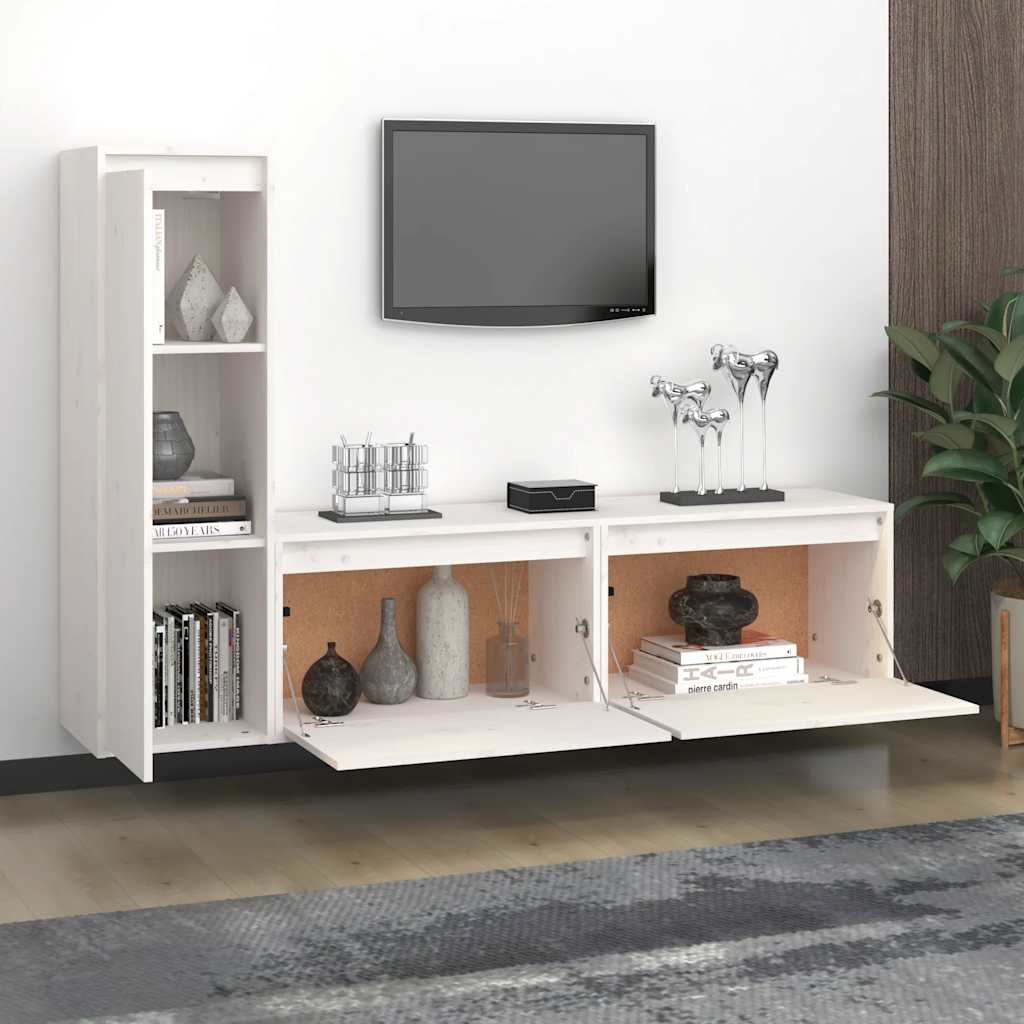 vidaXL Meubles TV 3 pcs Blanc Bois de pin massif