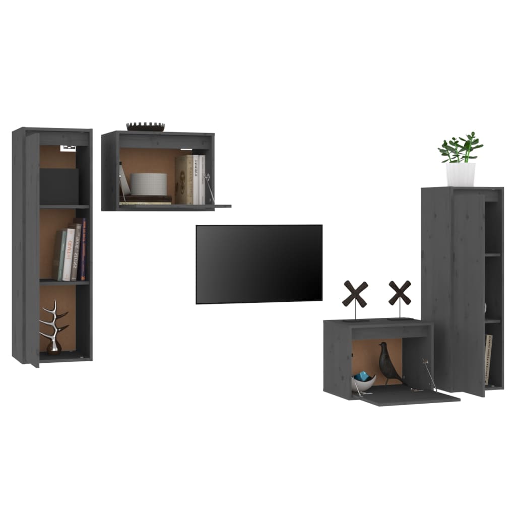 vidaXL Meubles TV 4 pcs Gris Bois de pin massif