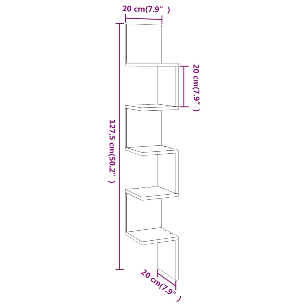 vidaXL Wand-Eckregal Grau Sonoma 20x20x127,5 cm Holzwerkstoff
