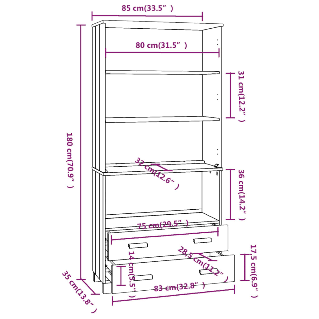 vidaXL Highboard HAMAR Massivholz Kiefer Honigbraun