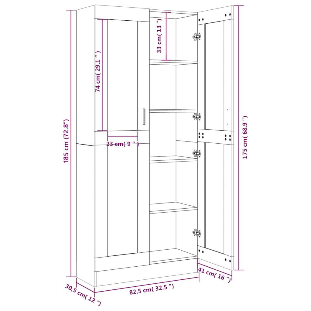 vidaXL Vitrinenschrank Grau Sonoma 82,5x30,5x185 cm Holzwerkstoff