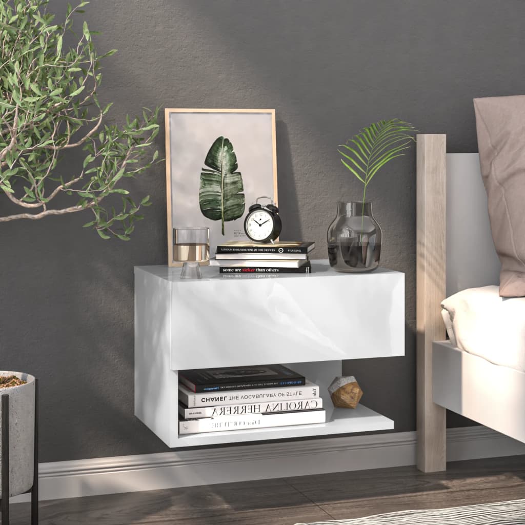 vidaXL Table de chevet murale blanc brillant