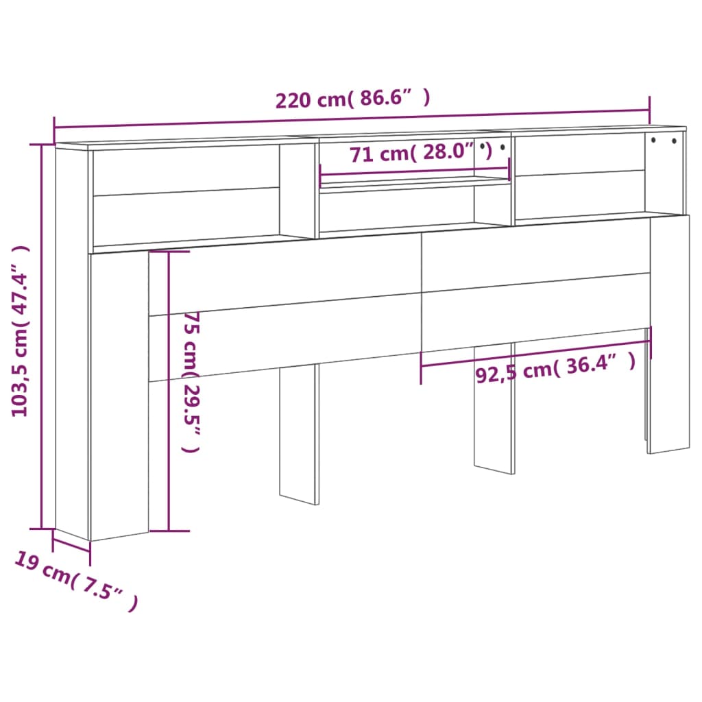 vidaXL Kopfteil mit Ablagen Sonoma-Eiche 220x19x103,5 cm