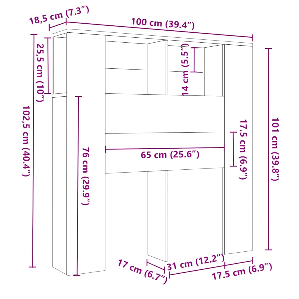vidaXL Kopfteil mit Ablagen Schwarz 100x18,5x102,5 cm