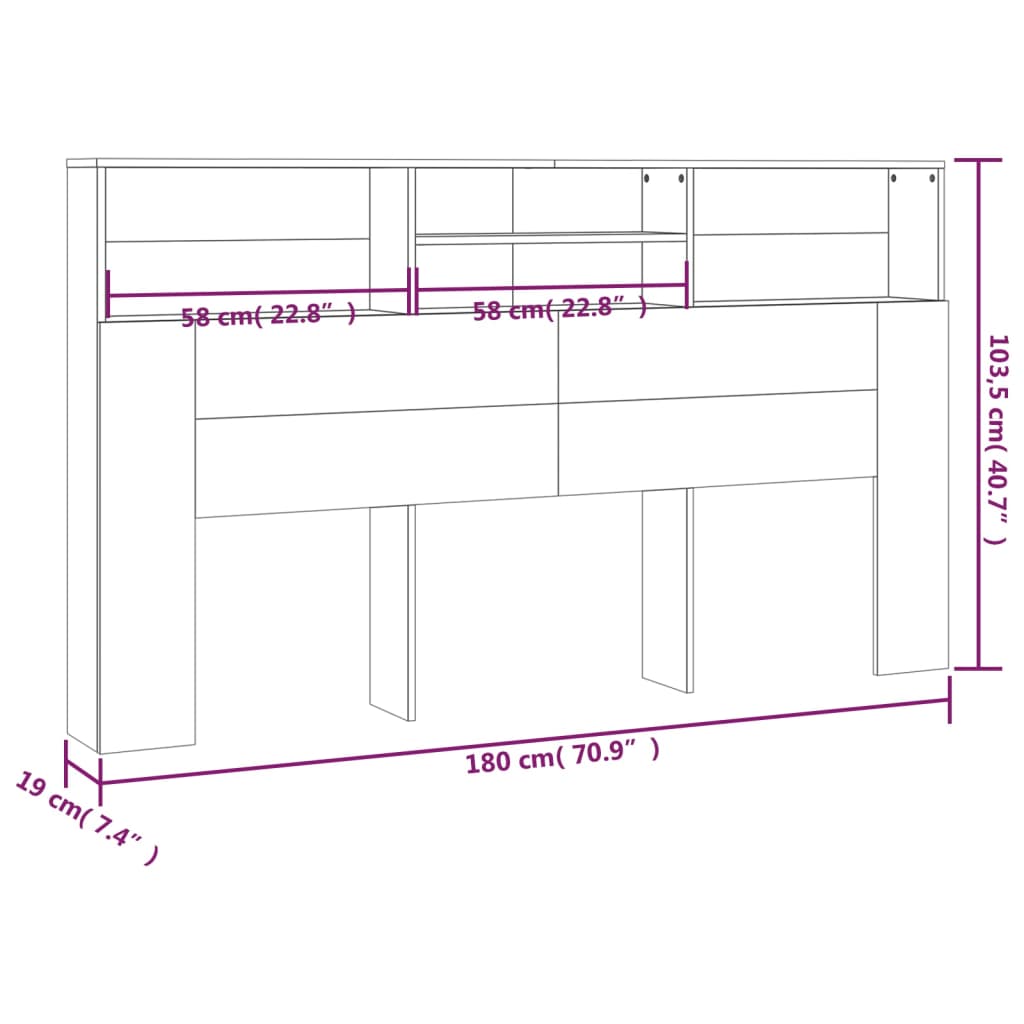 vidaXL Kopfteil mit Ablagen Grau Sonoma 180x19x103,5 cm