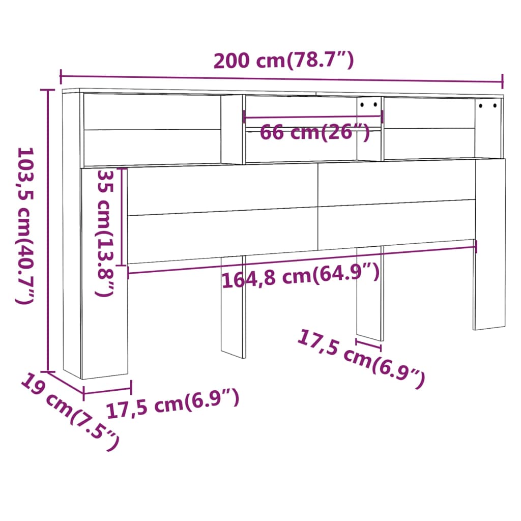 vidaXL Kopfteil mit Ablagen Grau Sonoma 200x19x103,5 cm