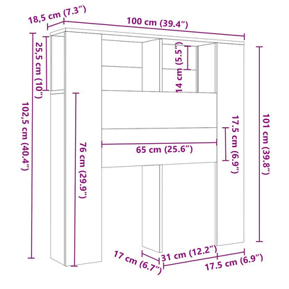 vidaXL Kopfteil mit Ablagen Grau Sonoma 100x18,5x102,5 cm