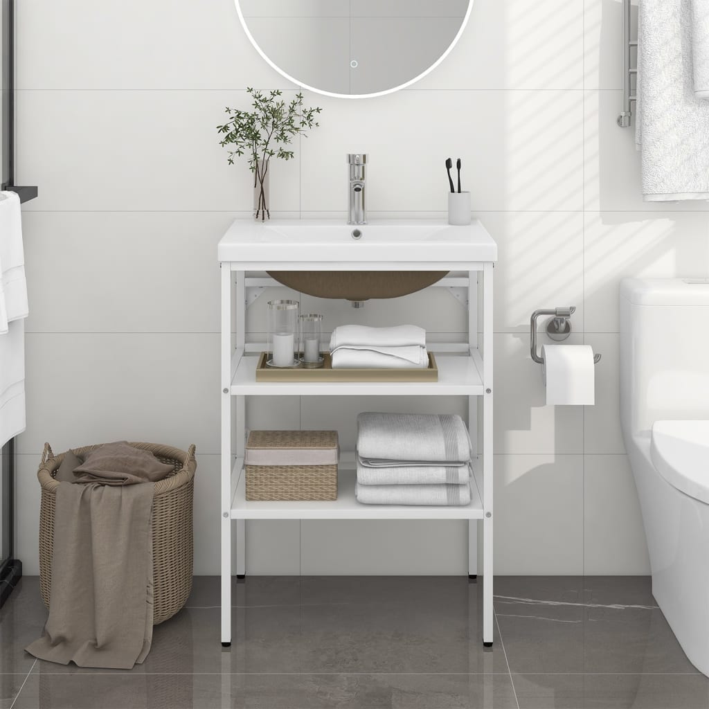 vidaXL Meuble lavabo de salle de bain avec lavabo Blanc Fer