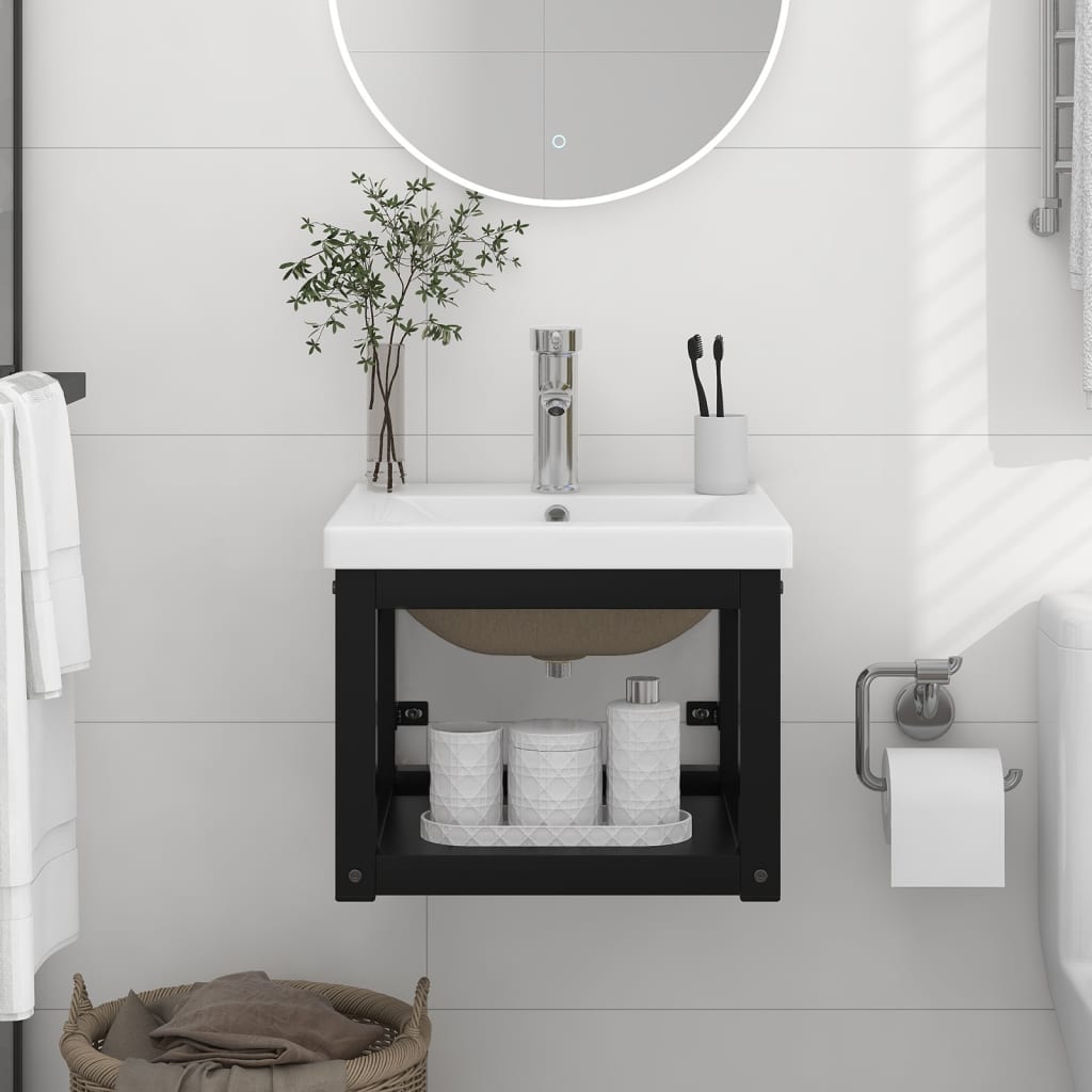 vidaXL Meuble lavabo de salle de bain avec vasque Noir Fer