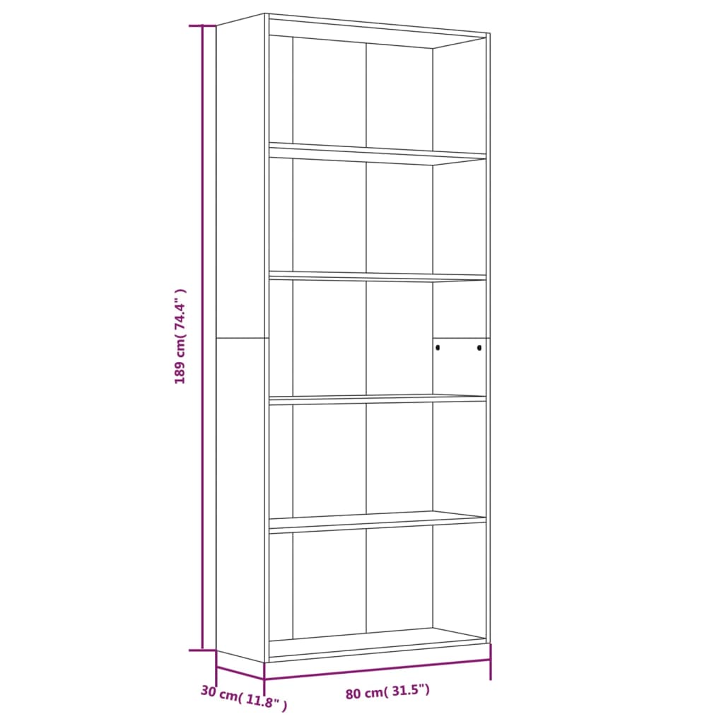 vidaXL Bibliothèque 5 étagères Marron aspect chêne 80x30x189 cm