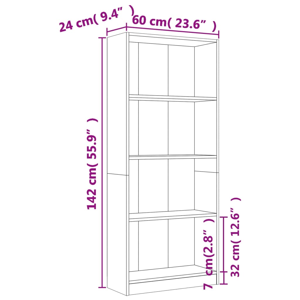 vidaXL Bibliothèque à 4 étagères Marron effet chêne 60x24x142 cm
