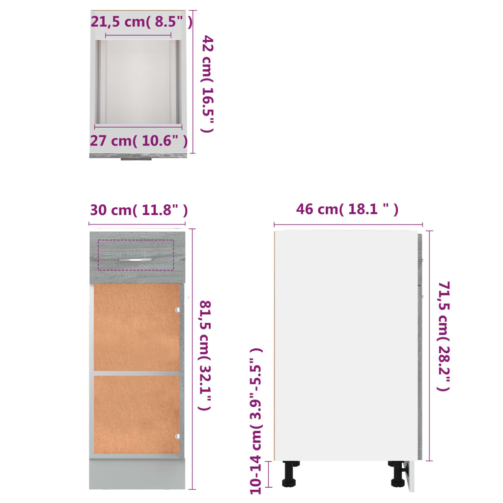 vidaXL Unterschrank mit Schublade Lyon Grau Sonoma 30x46x81,5 cm