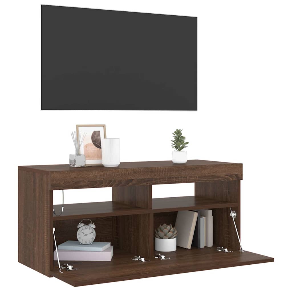 Meuble TV vidaXL avec lumières LED marron aspect chêne 90x35x40 cm