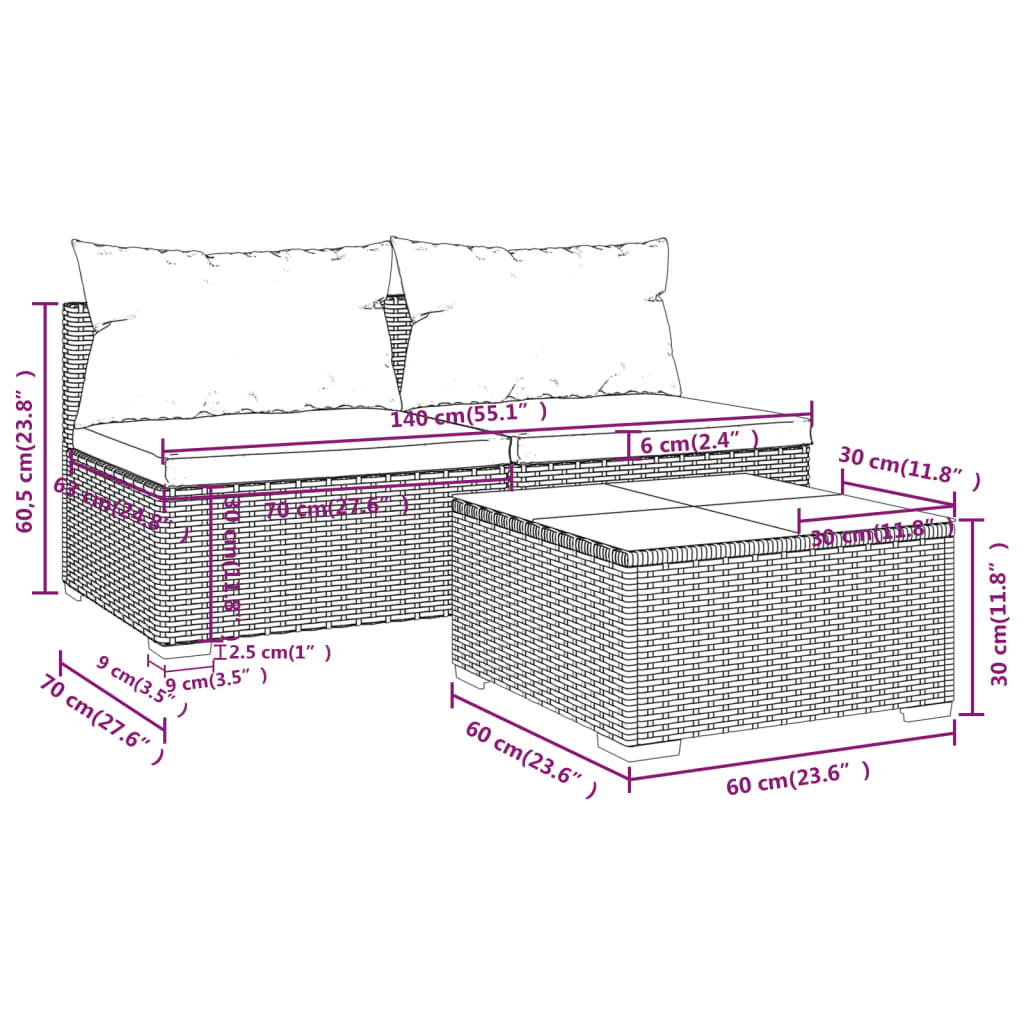 vidaXL Salon de jardin 3 pièces avec coussins résine tressée gris