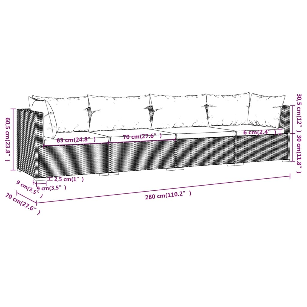 vidaXL Salon de jardin 4 pcs avec coussins résine tressée noir