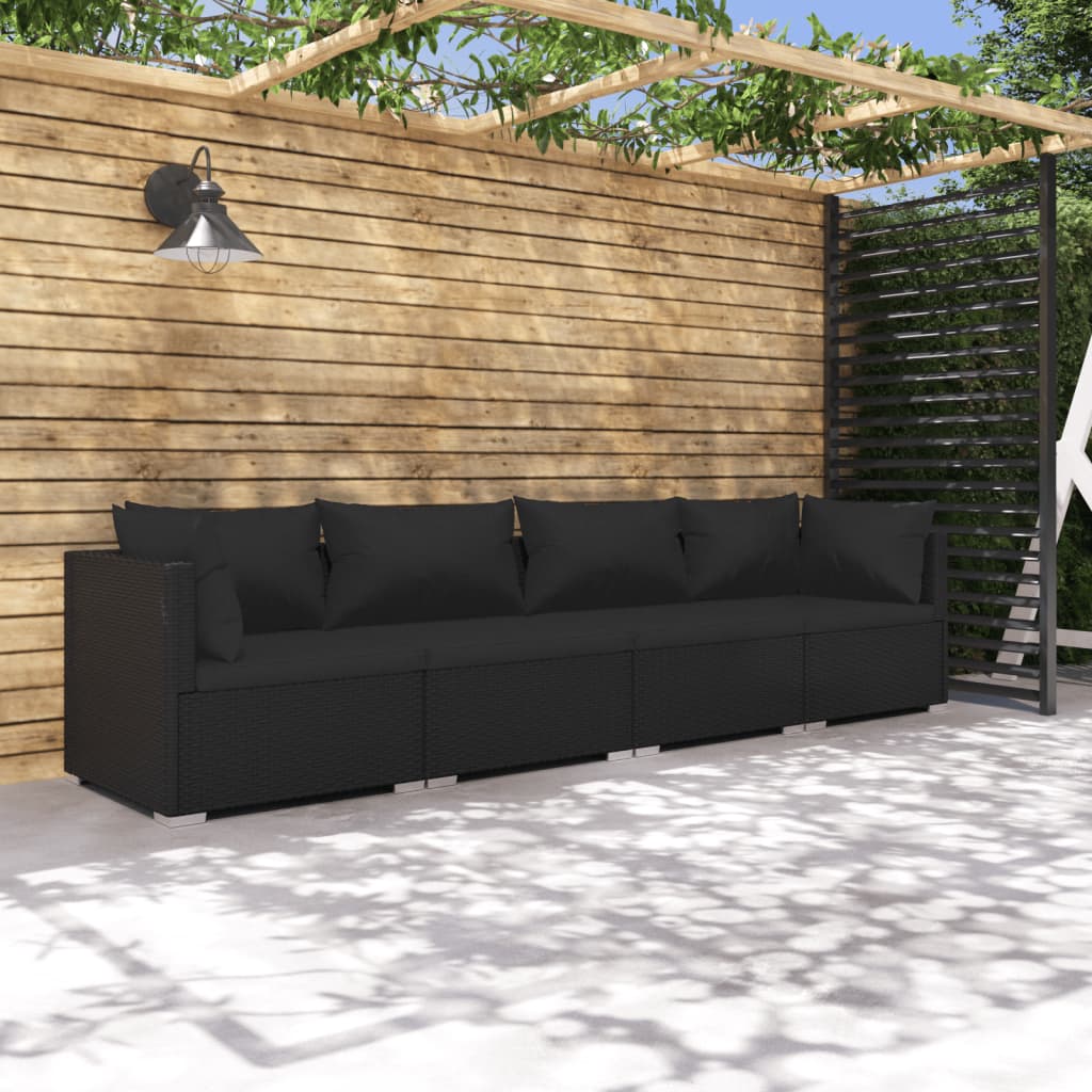 vidaXL Salon de jardin 4 pcs avec coussins résine tressée noir