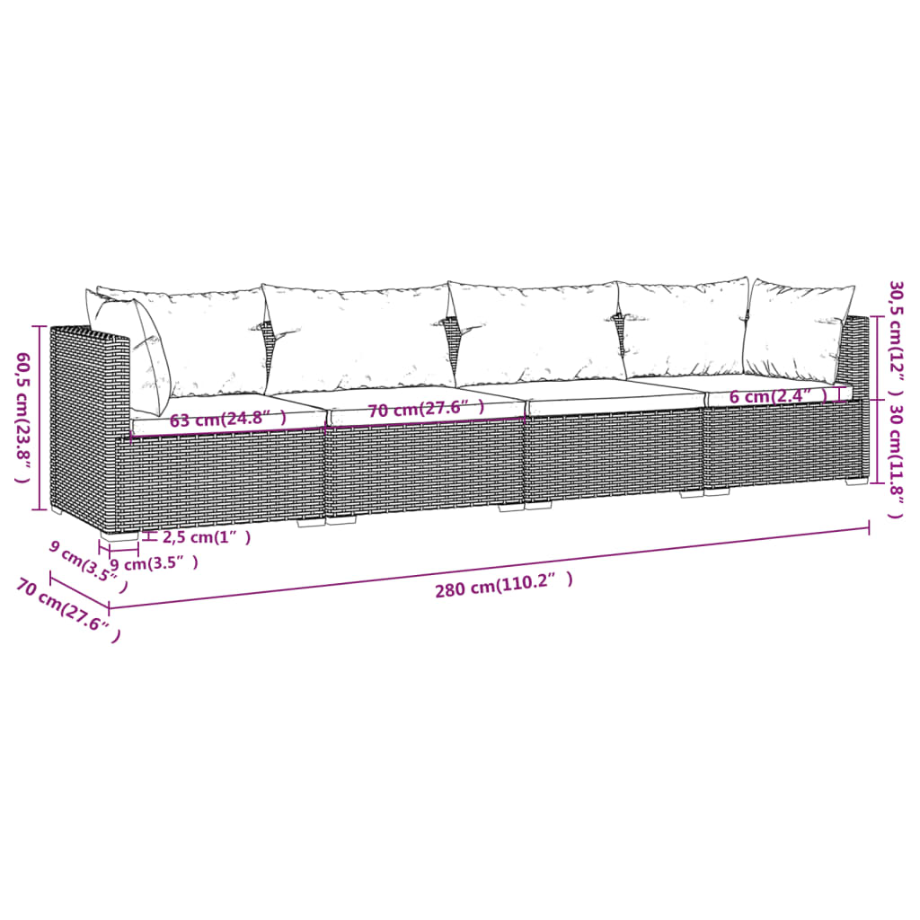 vidaXL Salon de jardin 4 pcs avec coussins résine tressée noir