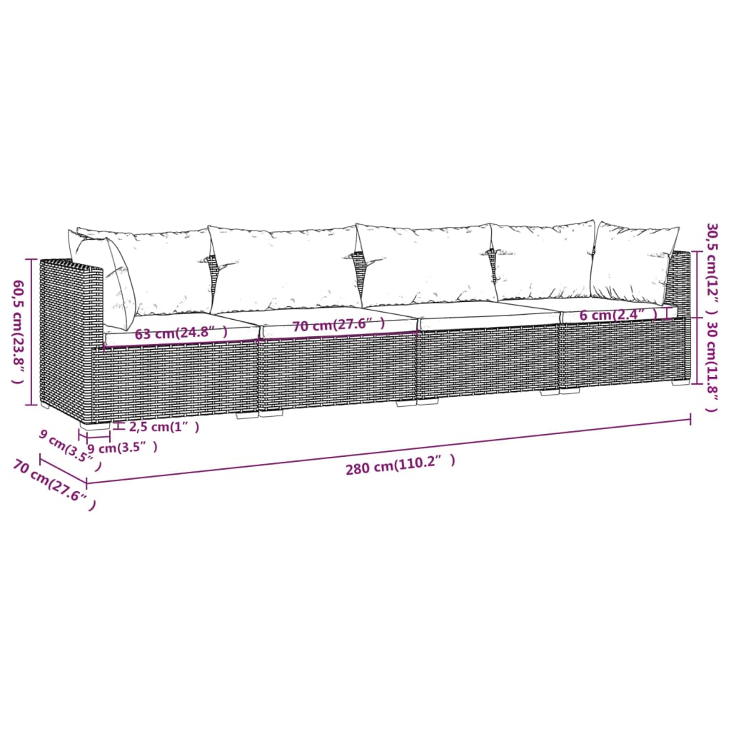 vidaXL Salon de jardin 4 pcs avec coussins résine tressée gris