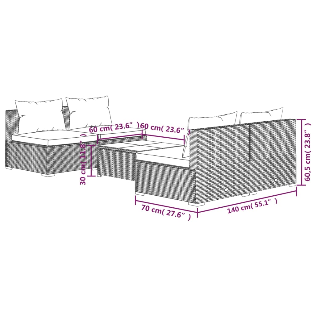vidaXL 5-tlg. Garten-Lounge-Set mit Kissen Poly Rattan Grau