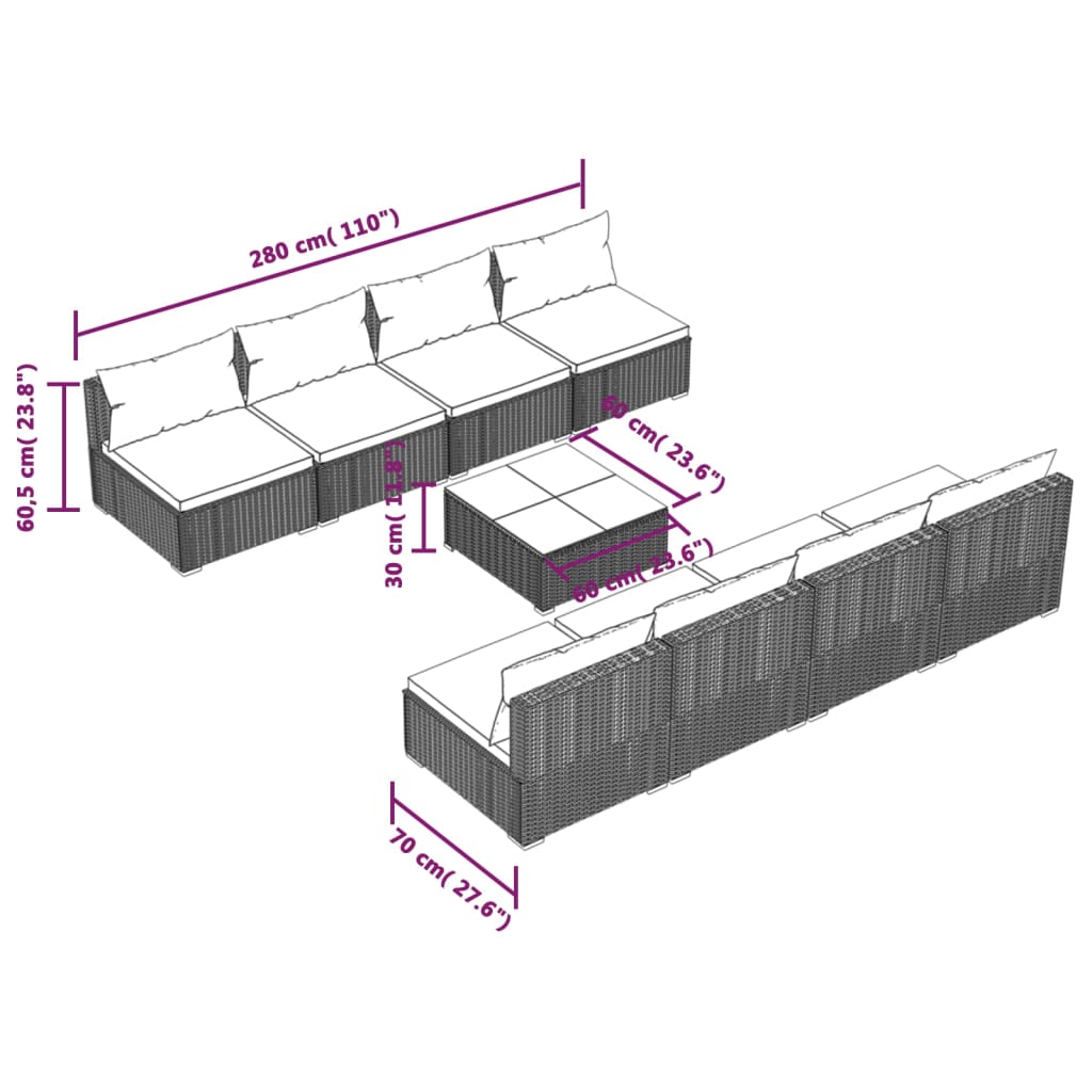 vidaXL 9-tlg. Garten-Lounge-Set mit Auflagen Poly Rattan Grau