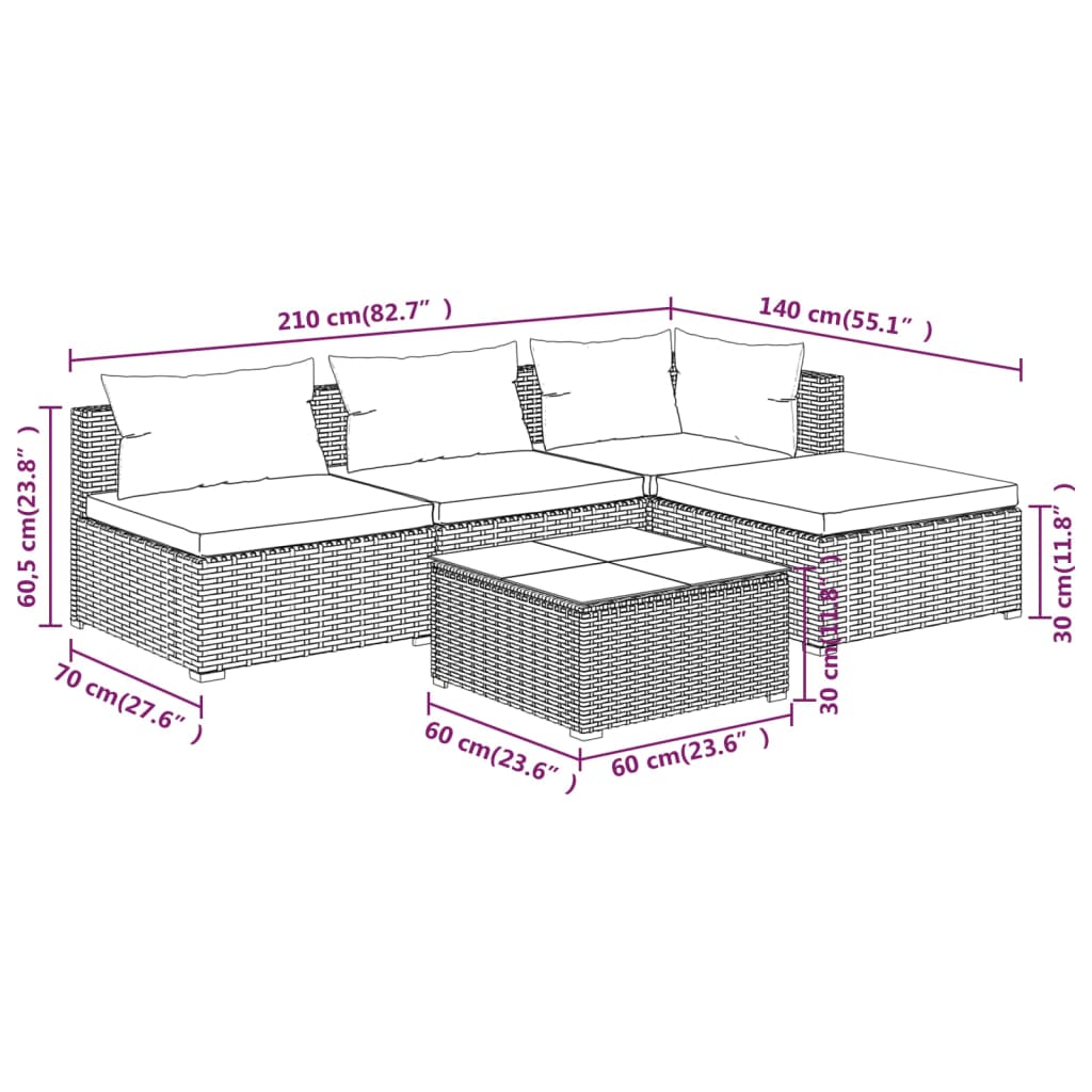 vidaXL Salon de jardin 5 pcs avec coussins résine tressée Gris