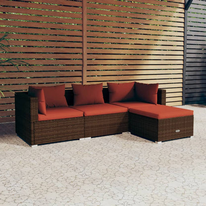 vidaXL Salon de jardin 4 pcs avec coussins résine tressée marron