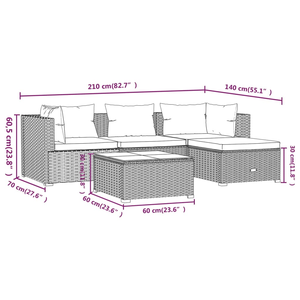 vidaXL 5-tlg. Garten-Lounge-Set mit Kissen Poly Rattan Grau