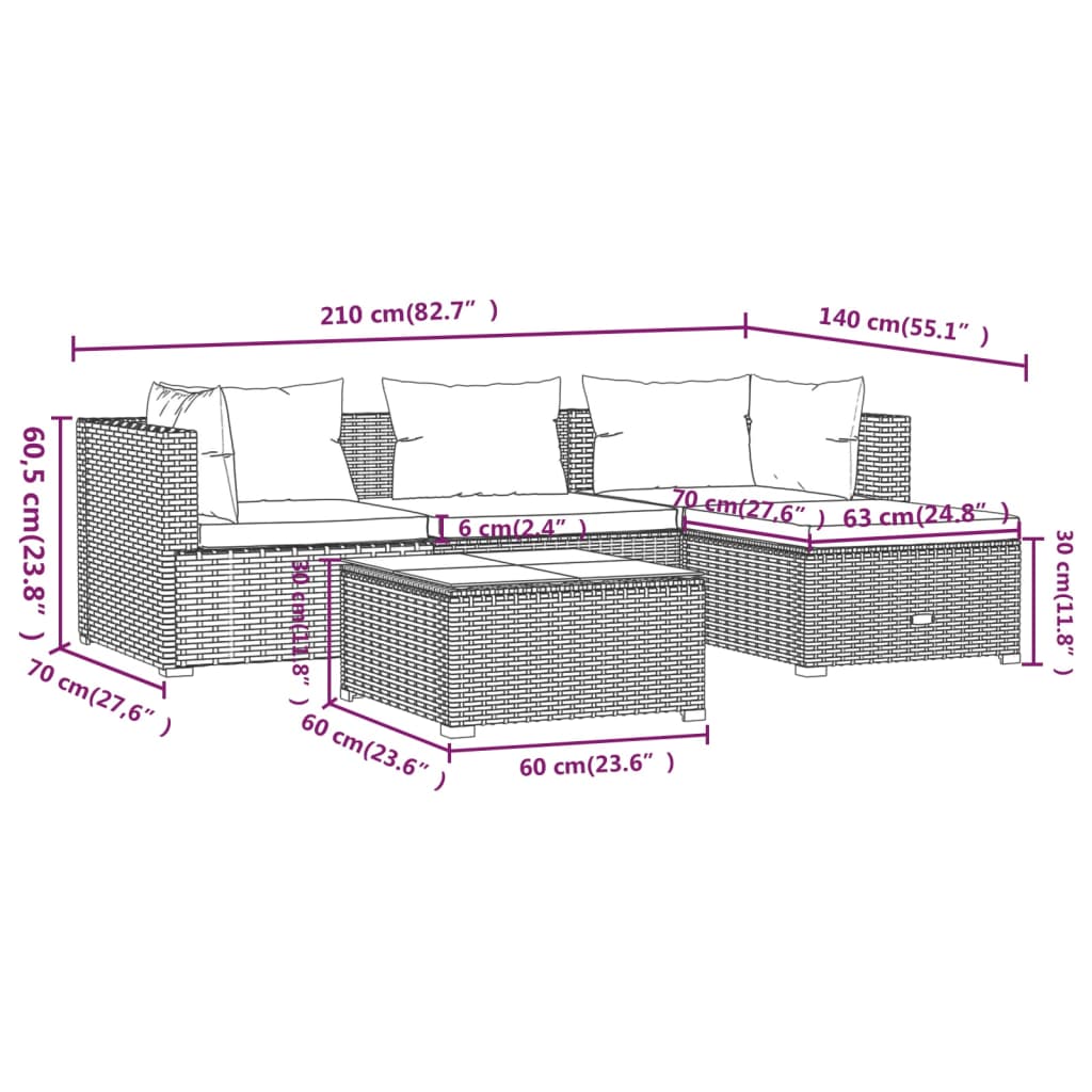 vidaXL 5-tlg. Garten-Lounge-Set mit Kissen Poly Rattan Grau