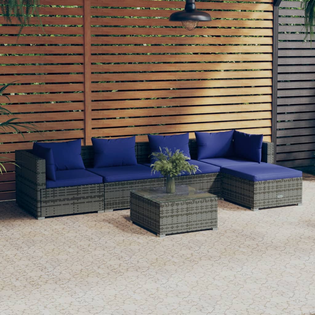 vidaXL Salon de jardin 6 pièces avec coussins, résine tressée, gris