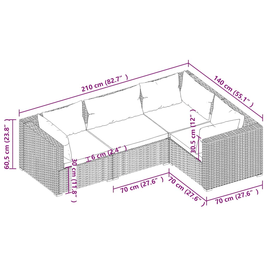 vidaXL Salon de jardin 4 pcs avec coussins résine tressée noir