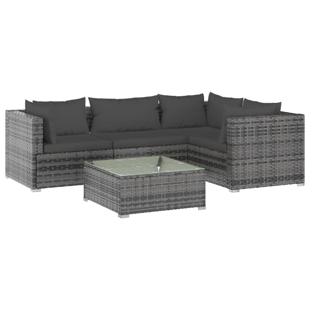 vidaXL 5-tlg. Garten-Lounge-Set mit Kissen Poly Rattan Grau