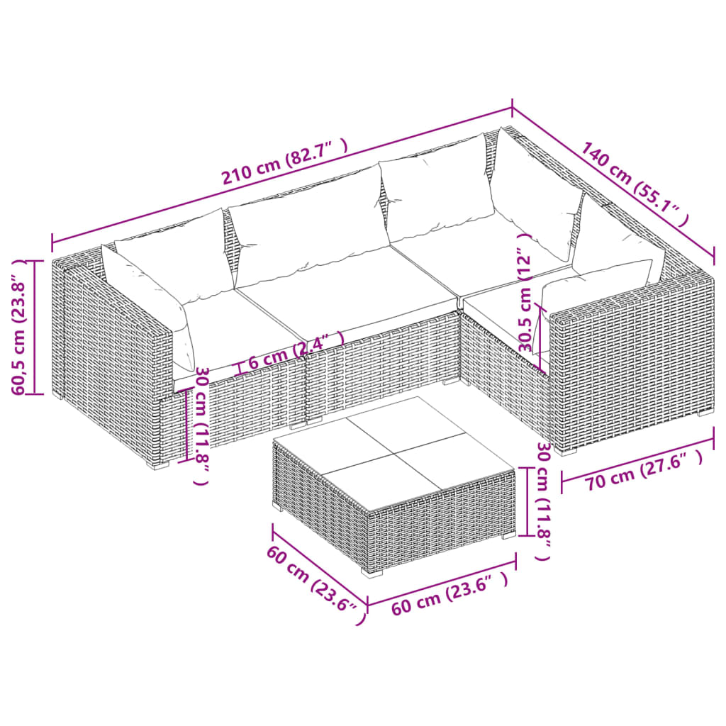 vidaXL 5-tlg. Garten-Lounge-Set mit Kissen Poly Rattan Grau