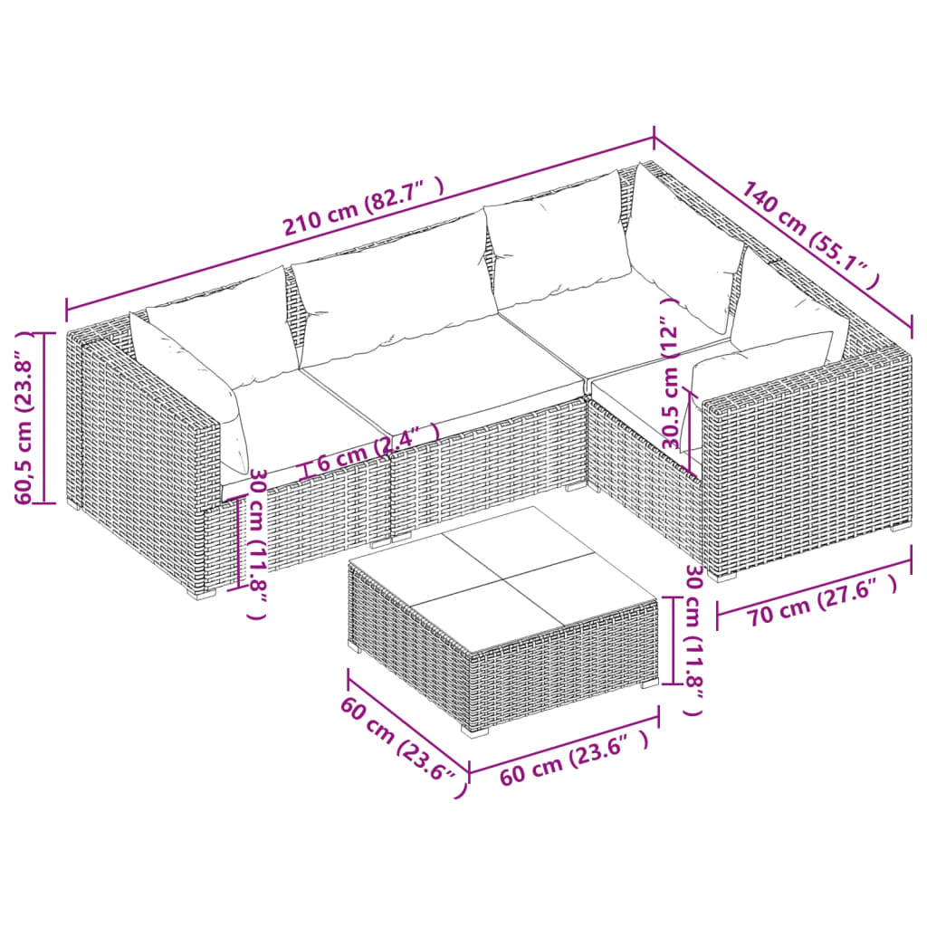 vidaXL 5-tlg. Garten-Lounge-Set mit Kissen Poly Rattan Grau
