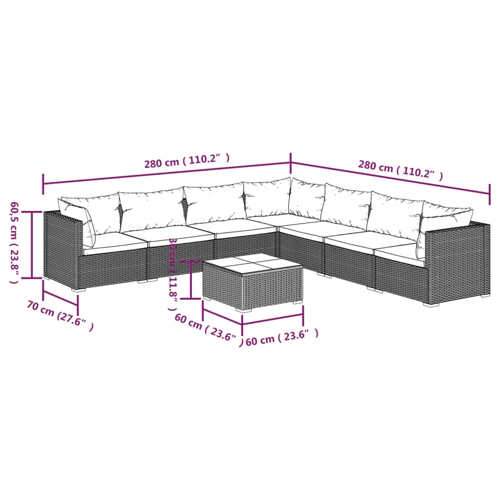 vidaXL 8-tlg. Garten-Lounge-Set mit Kissen Poly Rattan Grau