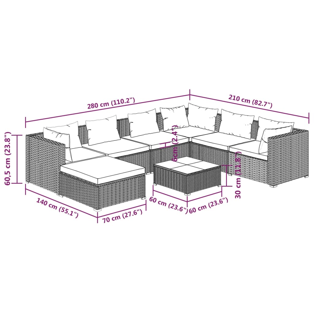 vidaXL 8-tlg. Garten-Lounge-Set mit Kissen Poly Rattan Braun