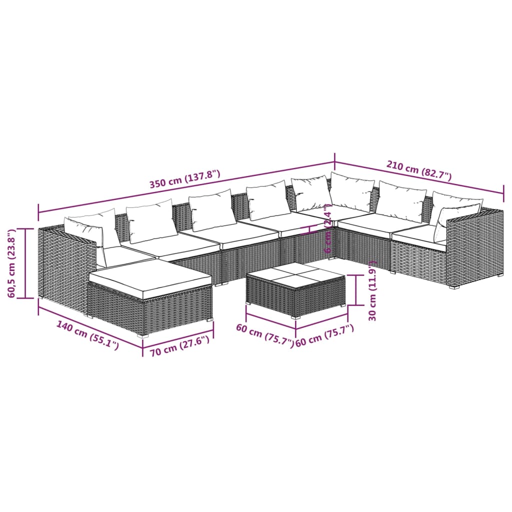 vidaXL 9-tlg. Garten-Lounge-Set mit Kissen Poly Rattan Grau