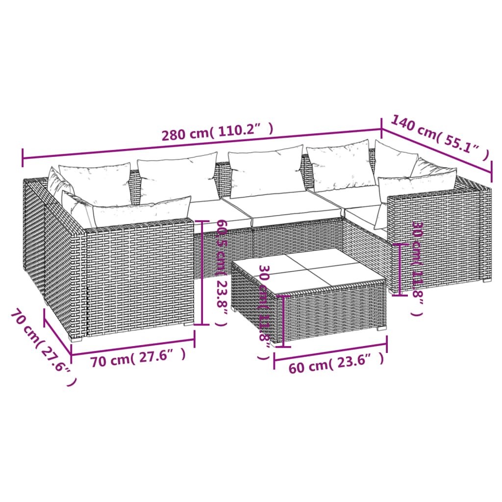 vidaXL Salon de jardin 7 pcs avec coussins résine tressée gris