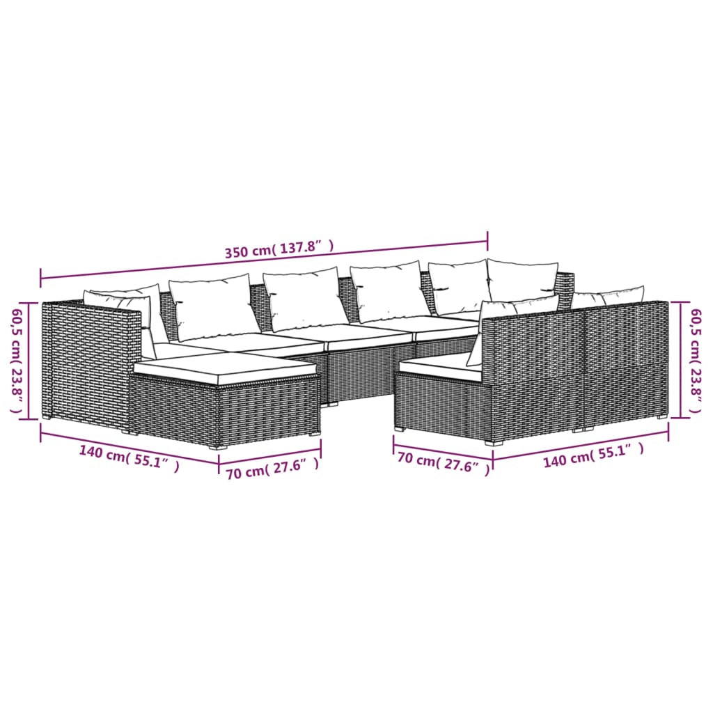 vidaXL 9-tlg. Garten-Lounge-Set mit Kissen Braun Poly Rattan