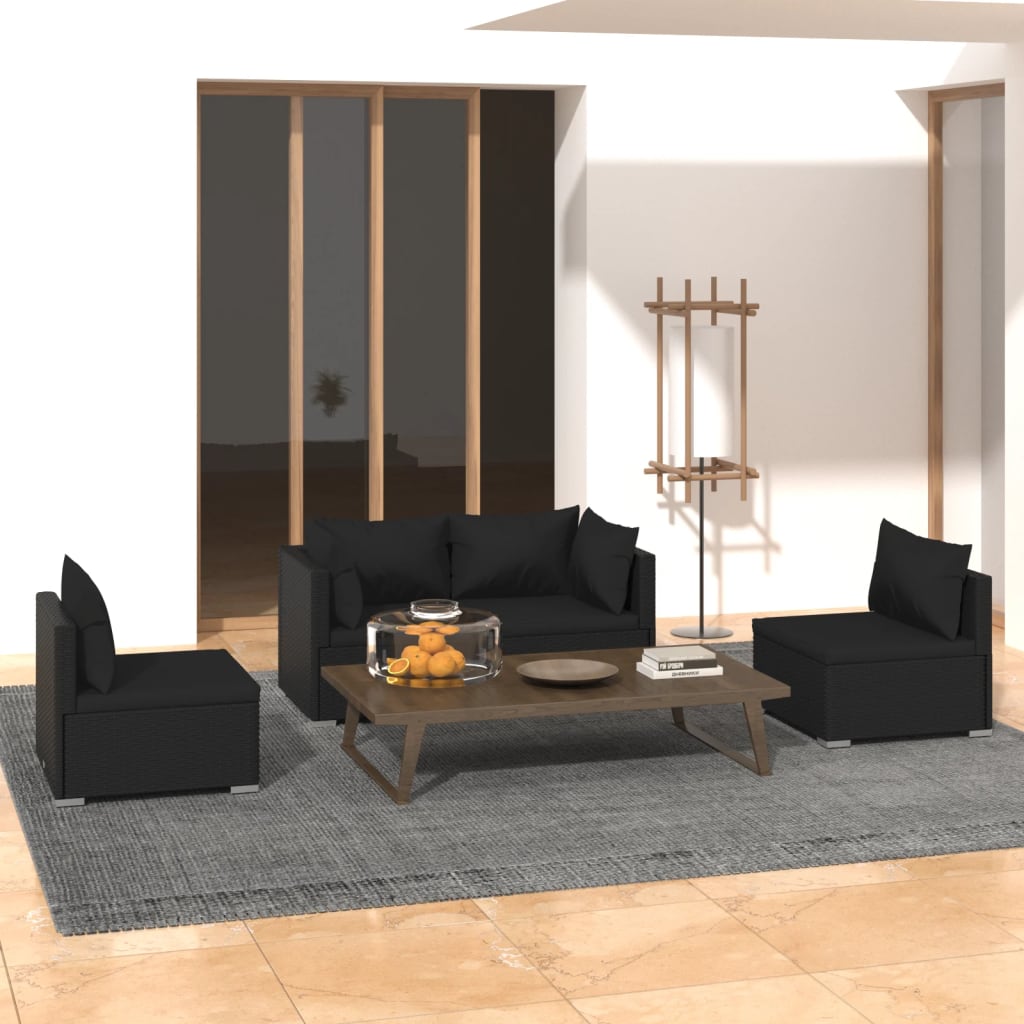 vidaXL Salon de jardin 4 pcs avec coussins résine tressée noir