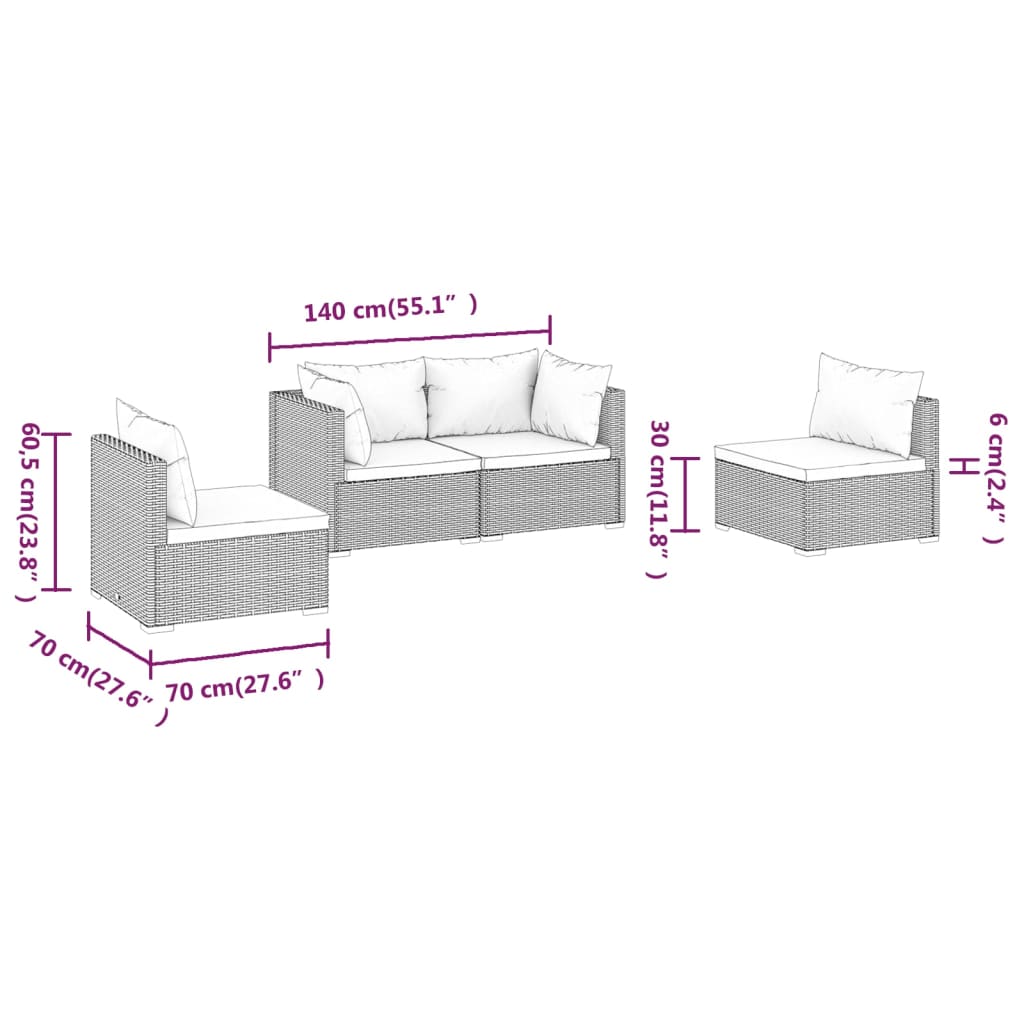 vidaXL Salon de jardin 4 pcs avec coussins résine tressée noir