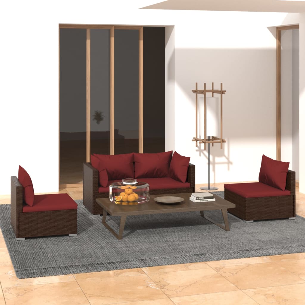vidaXL Salon de jardin 4 pcs avec coussins résine tressée marron