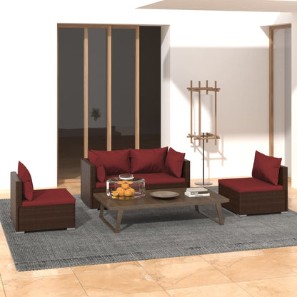 vidaXL Salon de jardin 4 pcs avec coussins résine tressée marron